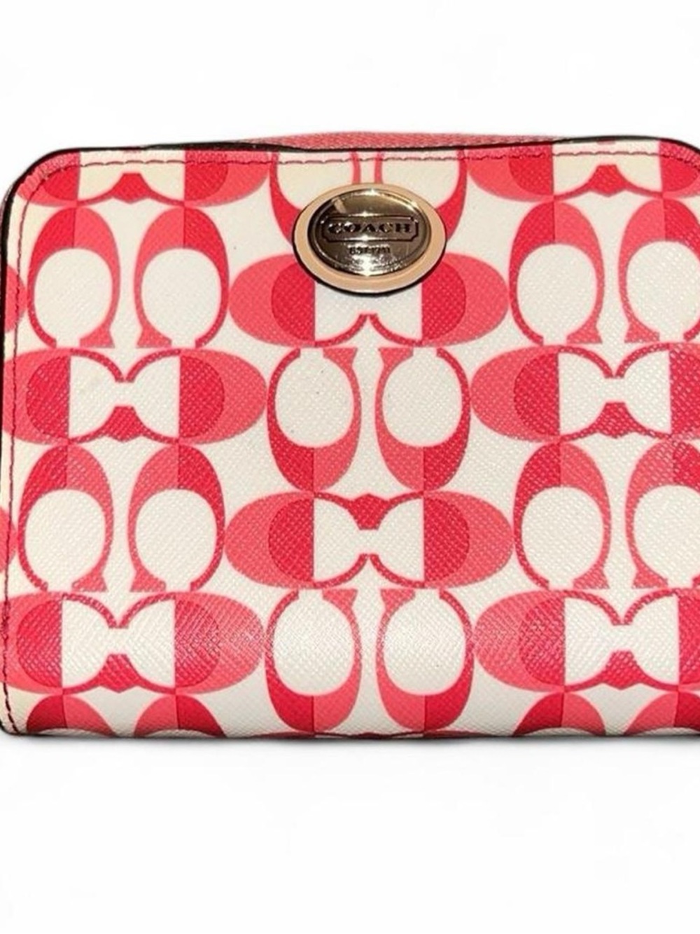 Coach Coral, Red, & White Signature Print Zip Around Wallet w/ Snap Closure